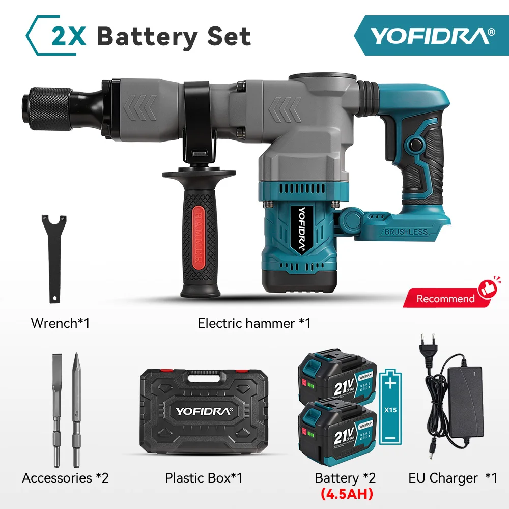 YOFIDRA Borstelloze Elektrische Klopboor Demolitiehamer Zware Rotatieboor- en Beiteltool voor Makita Accu