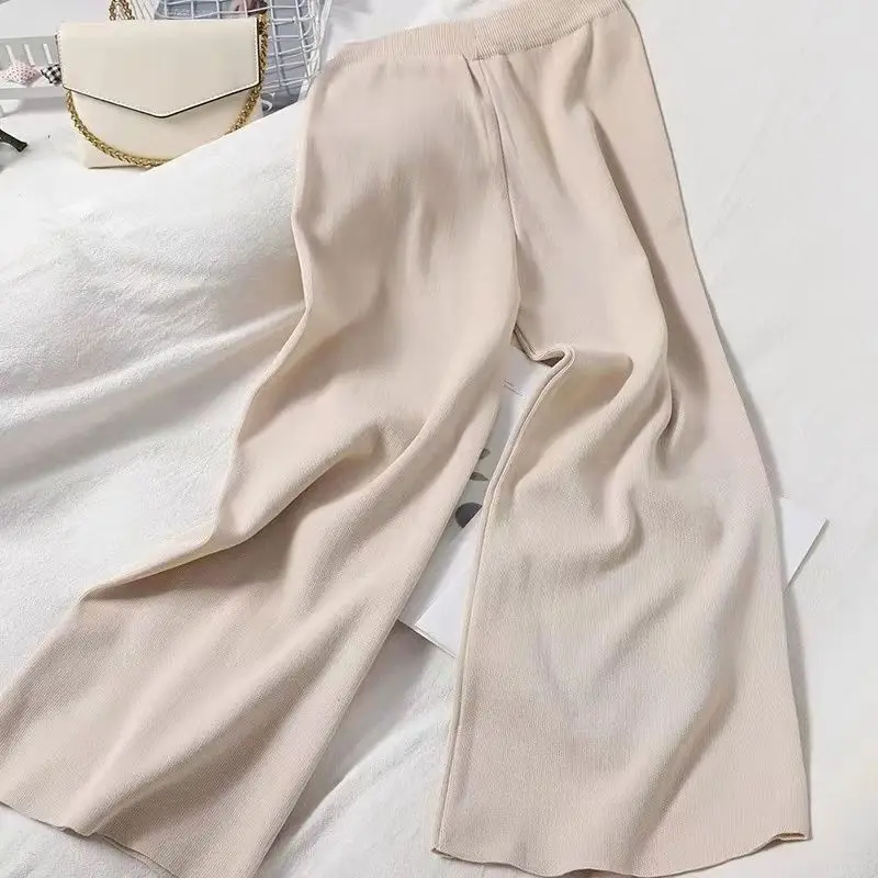Spring/Autumn Women's Wear Korean Edition Contrast Color Round Neck Cardigan Knitted Top Slimming Wide Leg Pants Two Piece Set
