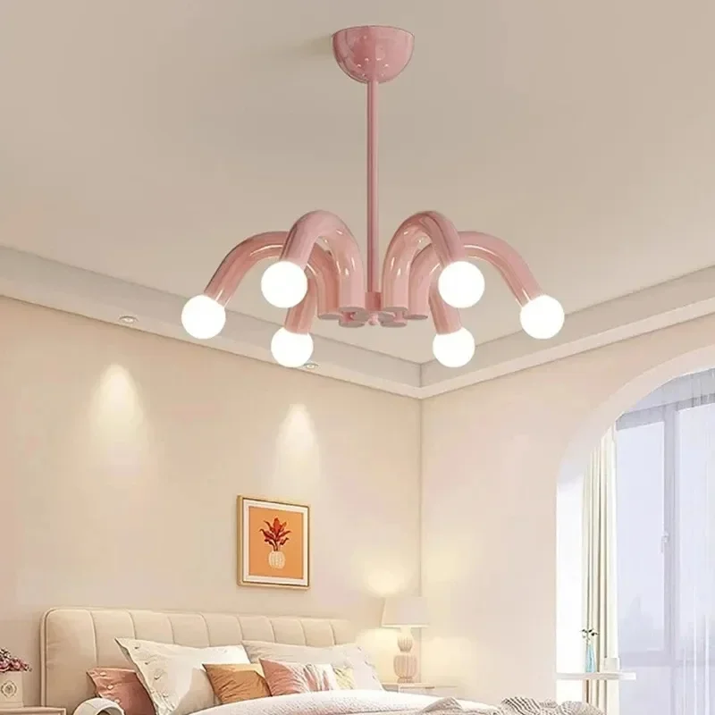 

Postmodern Minimalist White Round Art led chandelier lustre Pink U-tube Hardware Lamp Ceiling For bedroom living room