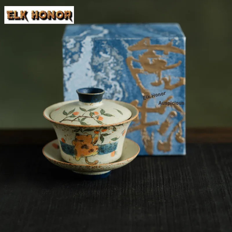 115ml Pure Hand-painted Cat Persimmon Gaiwan Vintage Tea Tureen Tea Bowl with Lid Kit Tea Brewing Cover Bowl Tea Ceremony Gift