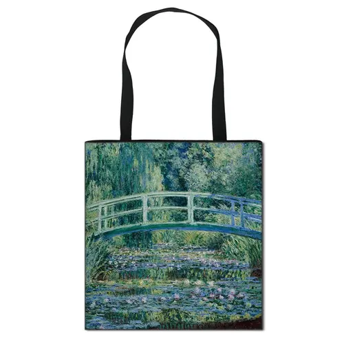 Imagen 2 del producto Bolso de mano con estampado de lirio de agua/lótus con pintura Vintage, bolso Monet para mujer, bolso de hombro de viaje de lona para mujer, bolsas de compras portátiles
