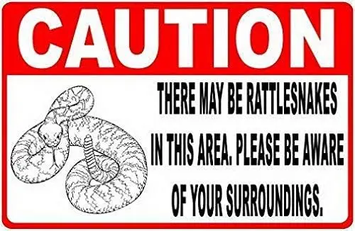 Caution There May Be Rattlesnakes in Area Sign Novelty Vintage Outdoor Yard Signs Safety Warning Sign Tin Plate Plaque 8x12 Inch