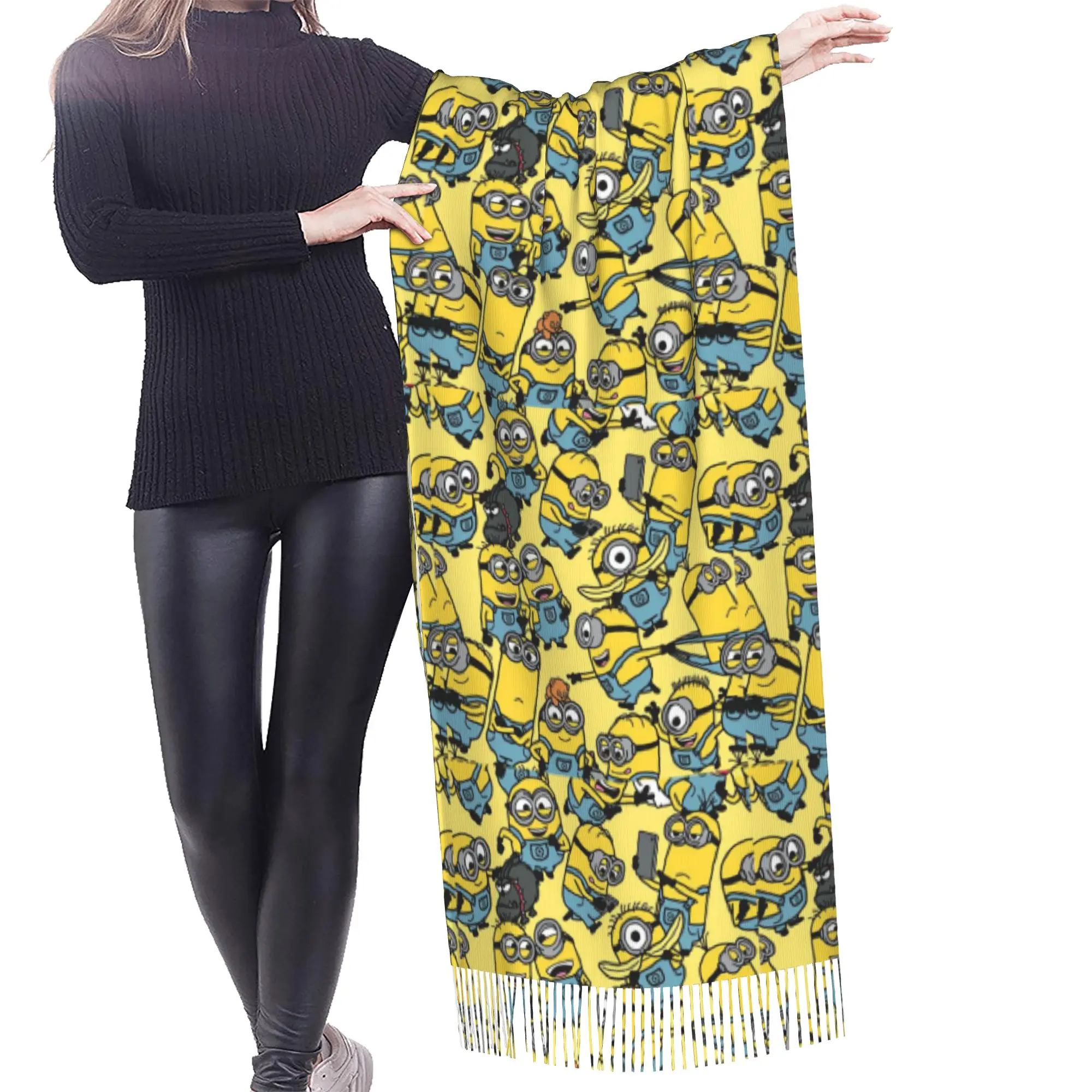 Custom M-Minioned Anime Scarf Wrap for Women Long Winter Fall Warm Tassel Shawl Unisex Manga Cartoon Scarves