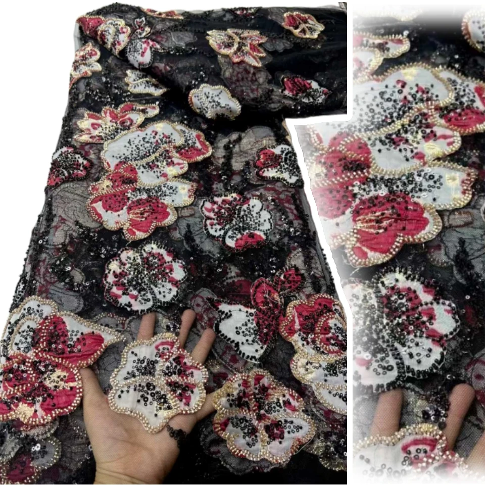 

2026 African French Beaded Mesh Embroidered Lace Fabric, 5 Yards, Nigerian Sequined Lace Fabric, Women's Party Dress Sewing 1919