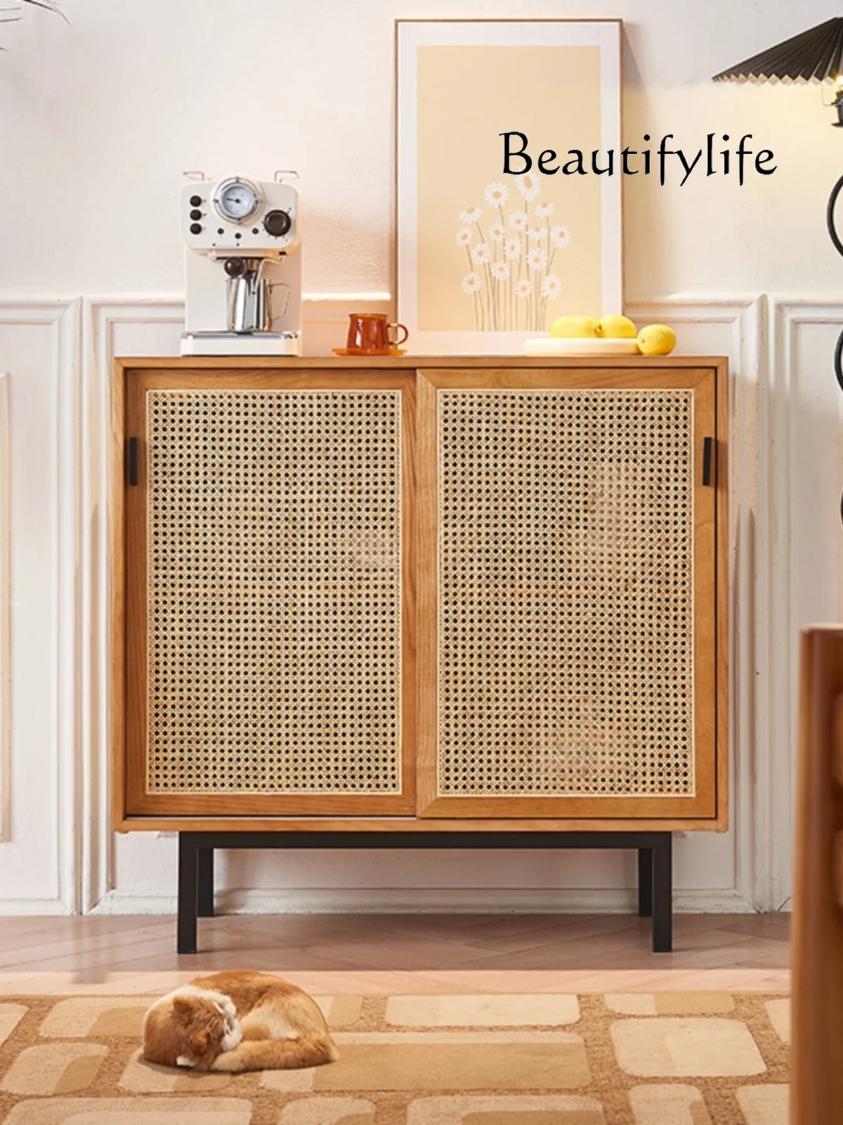 

Nordic Solid Wood Sideboard Rattan Home Living Room Locker Hotel Creative Storage Cabinet