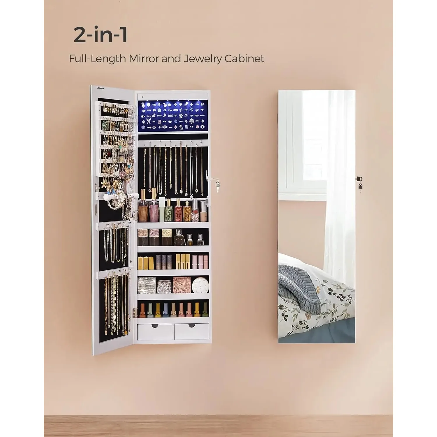 Hanging Jewelry Cabinet, Wall-Mounted Cabinet with LED Interior Lights, Door-Mounted Jewelry Organizer, Full-Length Mirror