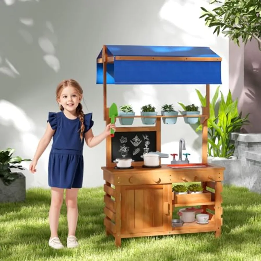 

Outdoor mud kitchen for backyard play: fir wood construction, black finish, adjustable canopy, 4 planting pots, blackboard, sto