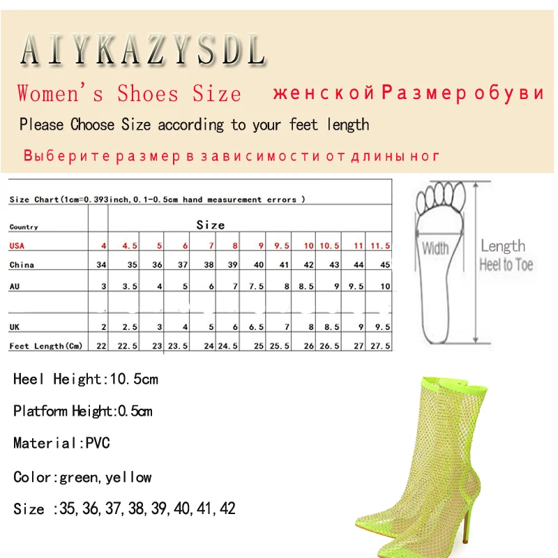 AIYKAZYSDL Mesh Net Clear Transparent ankle Boots Stretch Sock Boots Women High Heels Rhinestone Crystal Neon Green Yellow Shoes