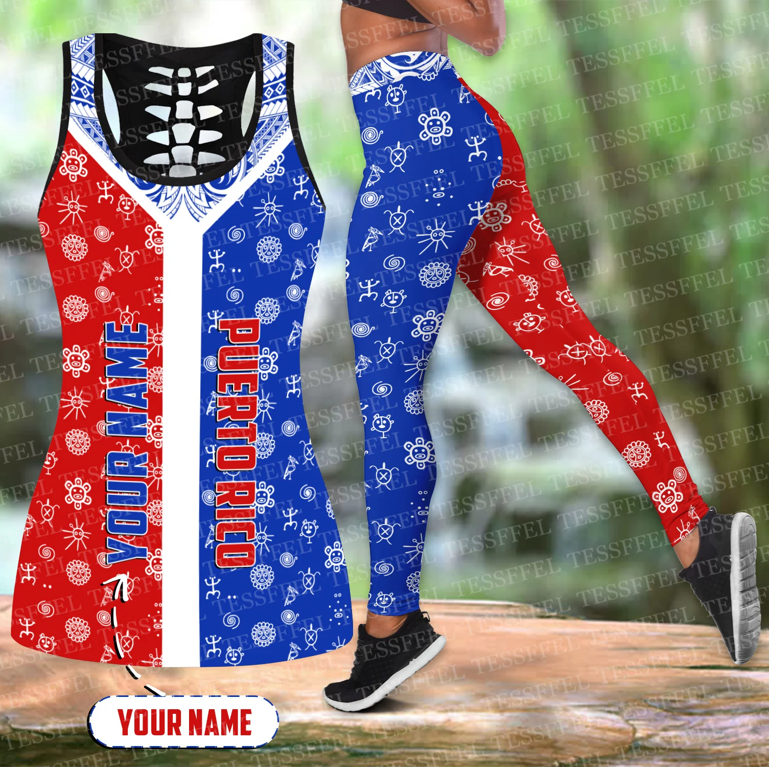 Custom Name Caribbean Sea Country Puerto Rico Boricuas Vintage Retro Harajuku 3DPrint Women Causal Hollowout Tank Top Leggings B