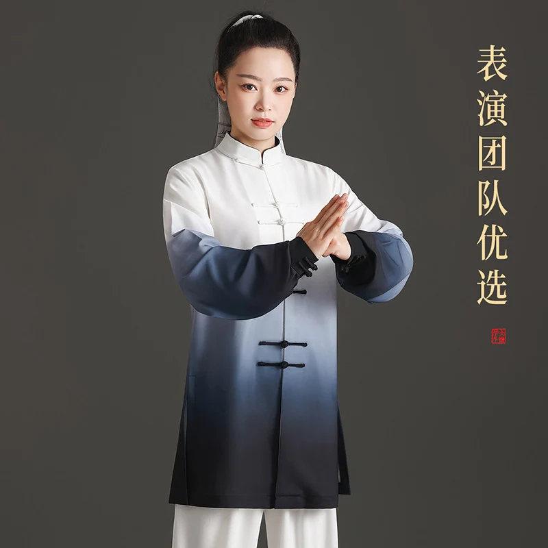 Gradient Color Flowing Tai Chi Suit New Style Performance Uniform for Qigong Martial Arts Practice Linen Fabric Exercise Wear