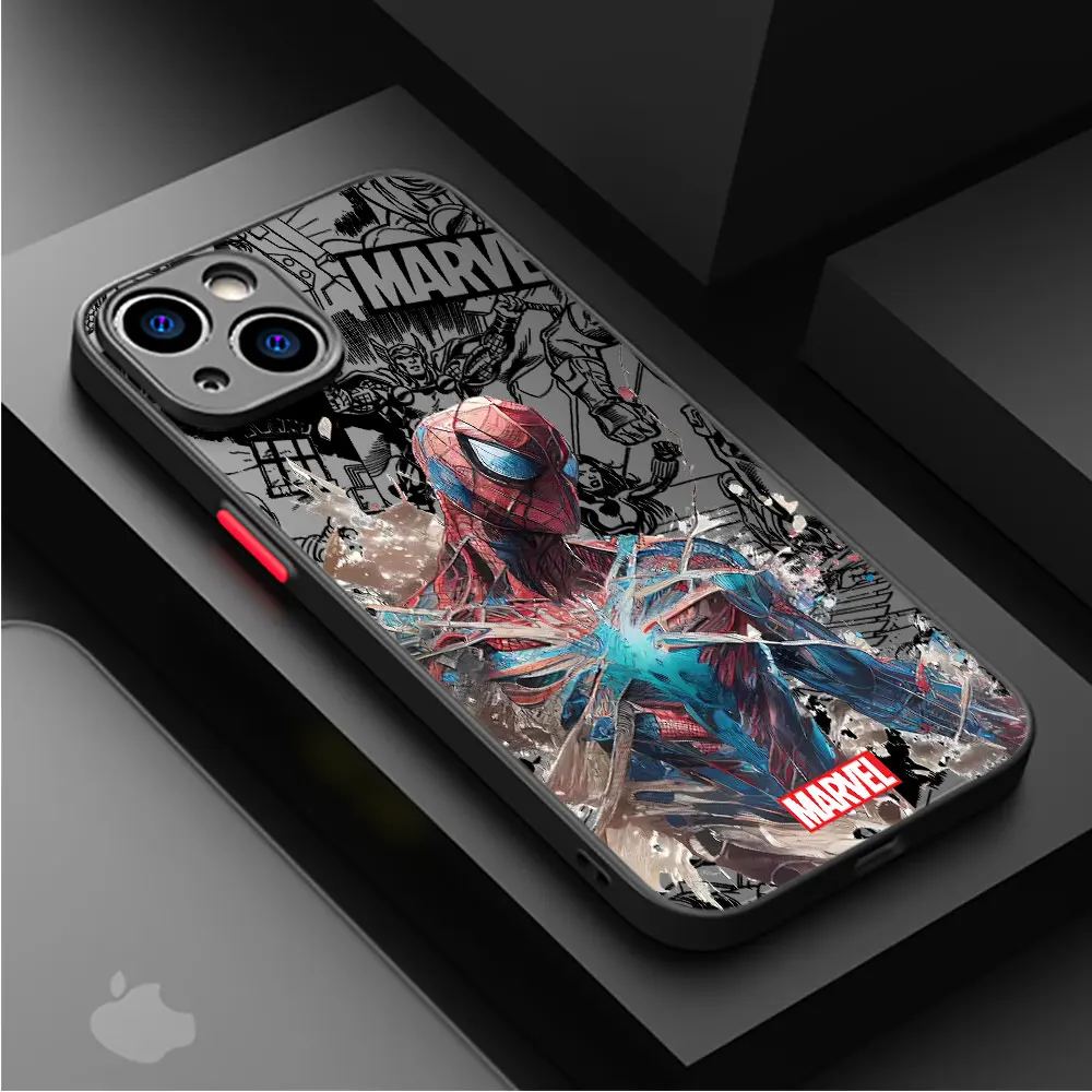 Case for Apple iPhone 8 Plus XR X 12 14 Plus XS Max 7 15 Pro Max 11 Pro 13 Mini Marvel Retro Spiderman Ironman Matte Cover