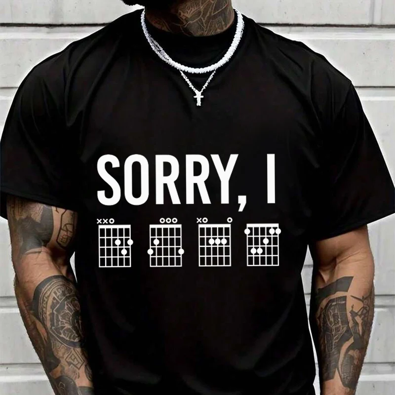 

Мужская черная футболка с забавным принтом «Sorry I DGAF» и скрытым сообщением о гитарных аккордах, новая повседневная футболка с круглым вырезом и коротким рукавом