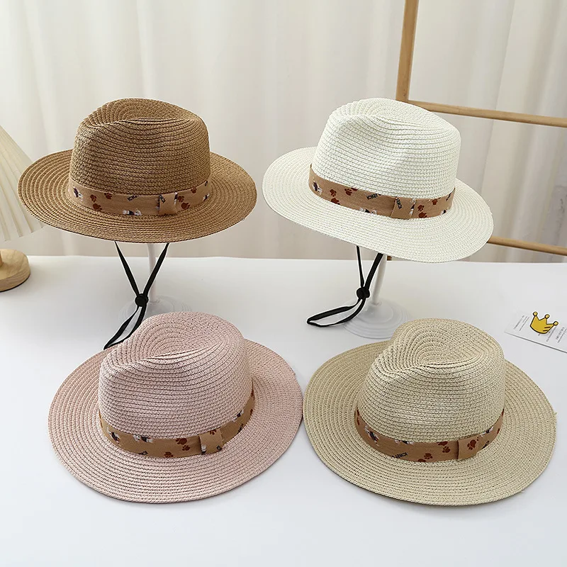 2024 Summer Children Panama Hats for Girls Boys Straw Kids Fedora Hat Beach Travel Baby Cap Children Sun Hats 2-6Y