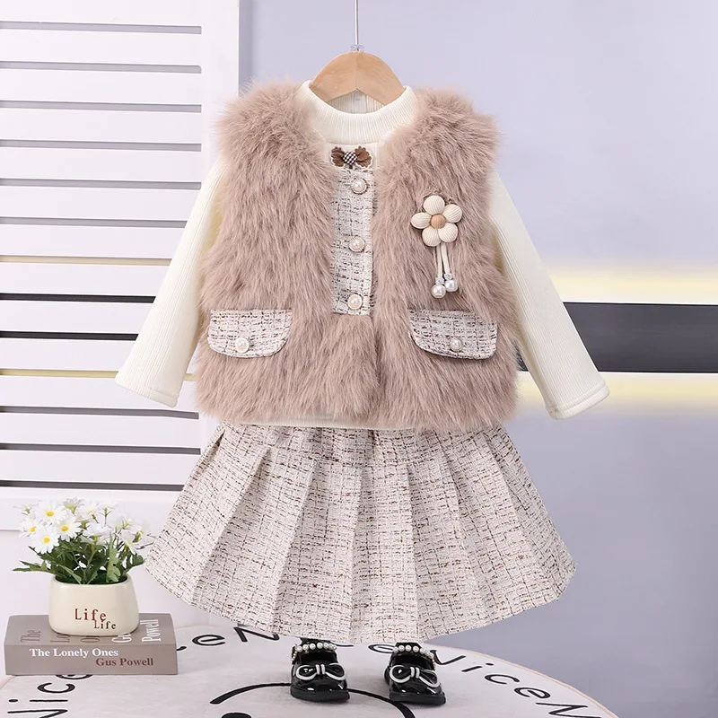 2026 Autumn Winter New Girls Baby Hairy Vest Coat Small Flower Set Girls Faux Fur Double Pocket Three Piece Set