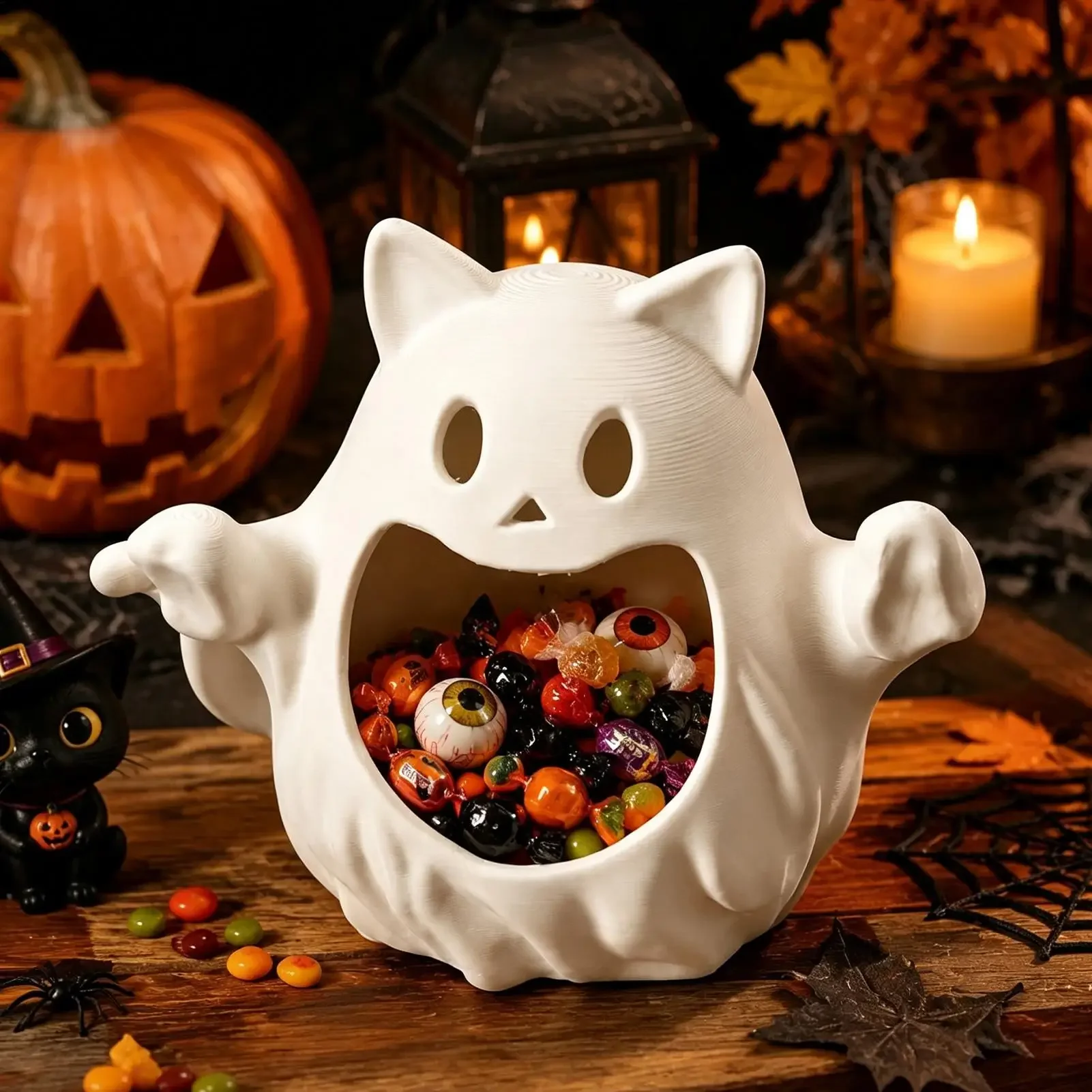 Halloween Candy Dish Snack Holder Halloween Candy Dish Cute Ghost Cat Serving Bowl Tabletop Organizer for Party Home Office