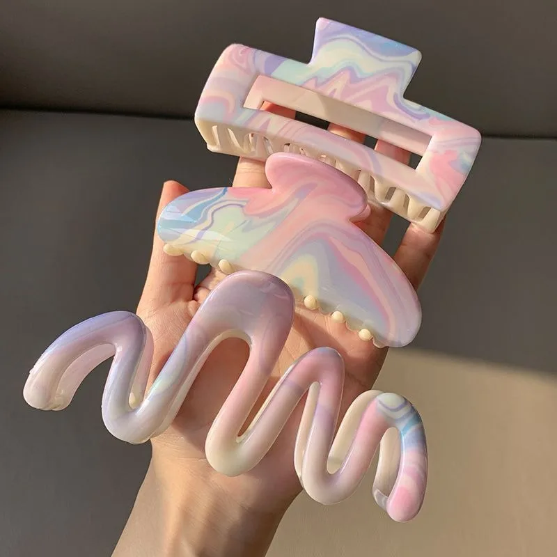 3Pcs Marble Pastel Hair Claw Clips ,Irregular Wave & Rectangle Large Hair Jaw Clips, Fashion Women Hair Barrettes for Thick Hair