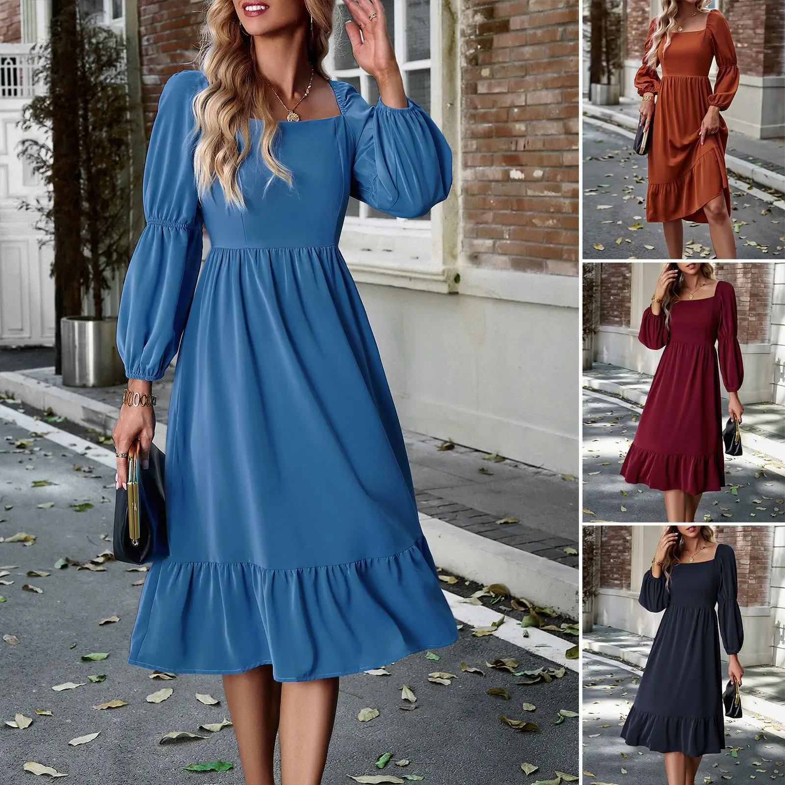 

Solid Office Lady Dresses for Women Robe Vintage Dress Long Sleeve Streetwear Elegant Gown Outfit Female Clothing Black Vestidos