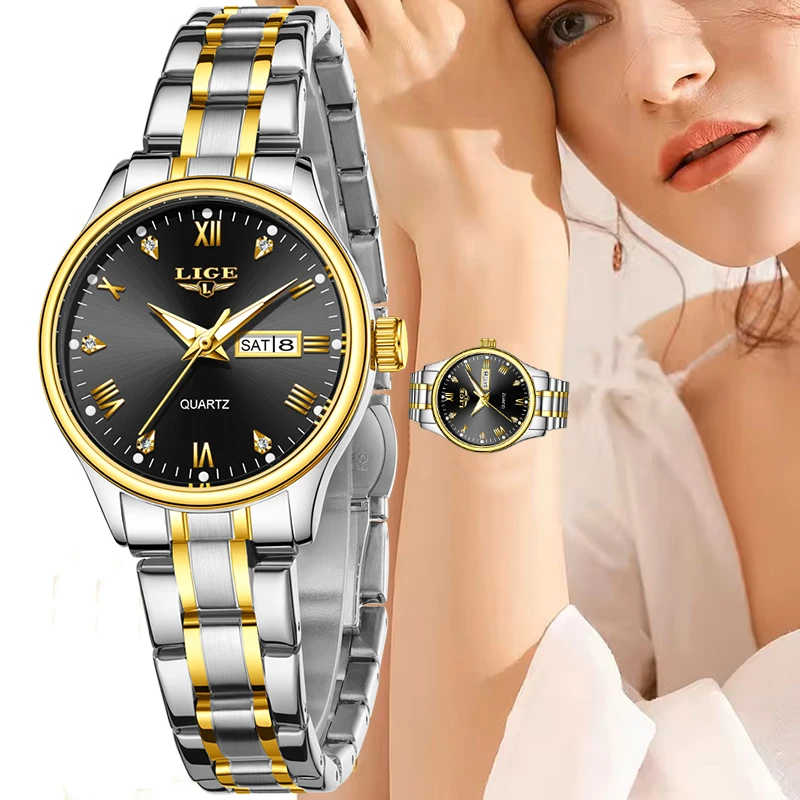 

Модные женские часы LIGE с бриллиантами, водонепроницаемые женские часы из нержавеющей стали, простой элегантный браслет, женские кварцевые наручные часы