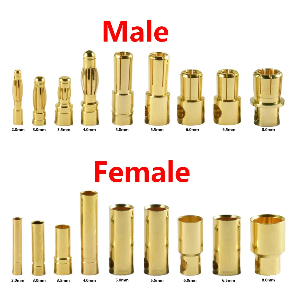 RC Motor ESC Plug 2mm 3mm 3.5mm 4mm 5mm 5.5mm 6mm 6.5mm 8mm Copper Male Female Banana Bullet Connector Plug Gold-plated Adapter