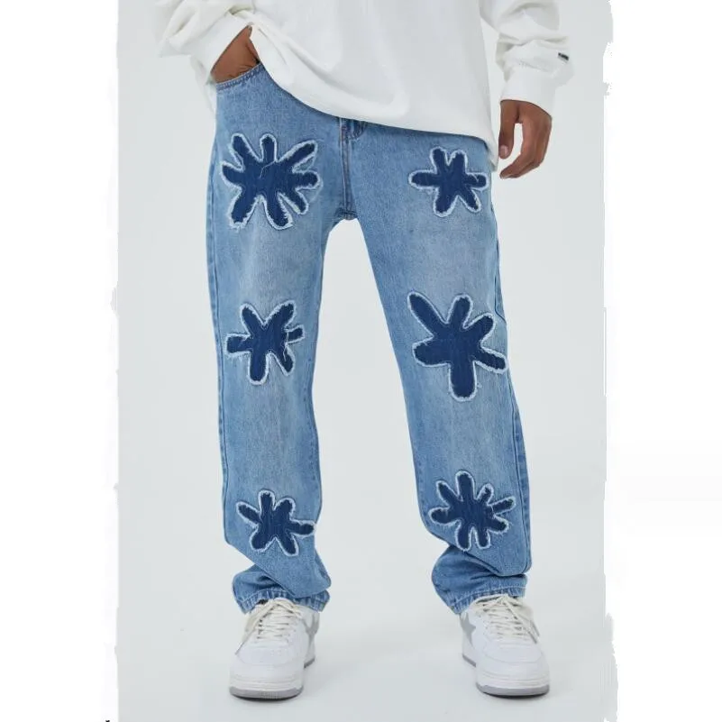 New Retro Starfish sticker Men Jeans 2024 Fashion Baggy Straight Leg Pants Y2k Denim Trousers Man Casual Washed Jeans w671