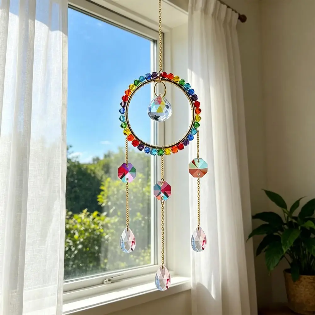 Rainbow Prism Decoration Sun Catcher Hanging Ornament with Rainbow Star Moon Sun Motifs Tangle-proof Cords Colorful Window