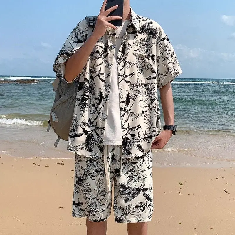 Hawaiian Beach Shirt Shorts Set Men's Summer Trendy Brand Ruffian Handsome Seaside Wear Large Size Two-piece Summer Wear