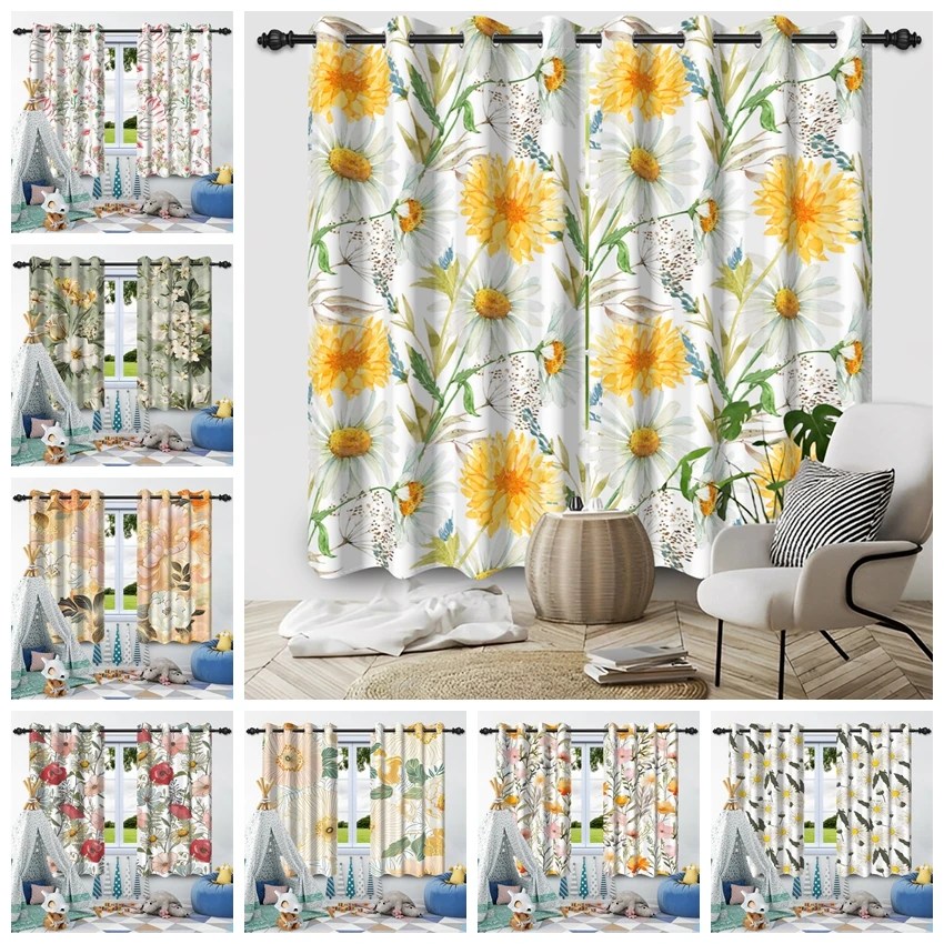 2pcs/set Pastoral Style Blackout Polyester Window Curtains Fresh Floral Fragments Decor Home Bathroom Living Room Curtain