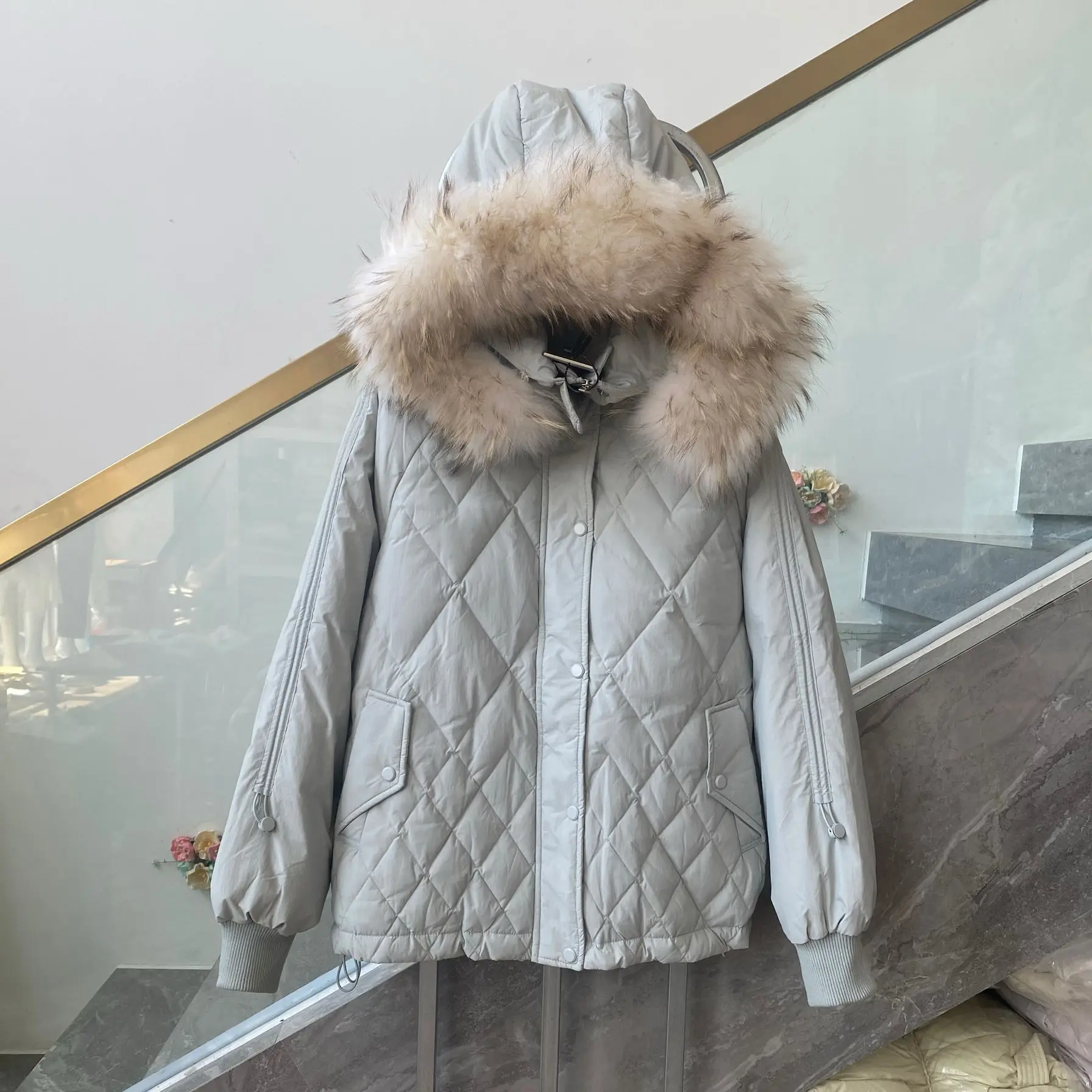 겨울 여성 다운 재킷 통근 후드 여우 모피 칼라 다운 재킷