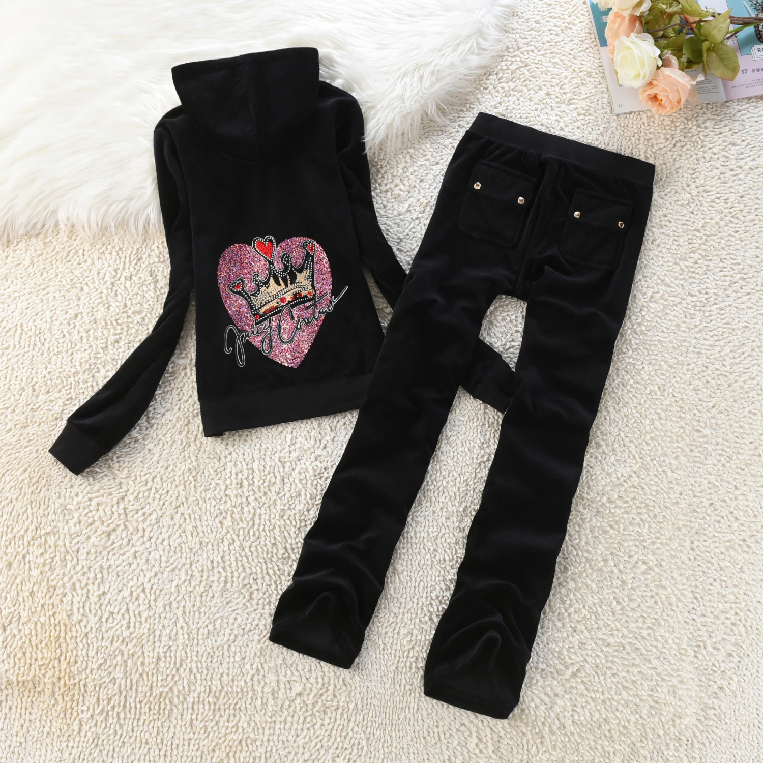 2024 Y2k Velvet Tracksuit Crown Pattern JUICY COMETURE Winter Casual Women Original Suit Women\'s Velvet Suit Diamond Juicy Pants