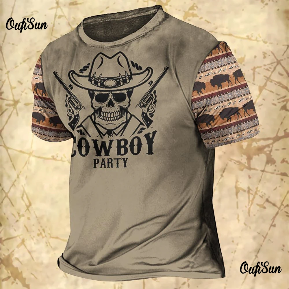 Western Cowboy Shirt Men's T-shirt 3D Denim O Neck Cotton Short Sleeve Tops Summer Oversized Vintage Streetwear Casual Clothing