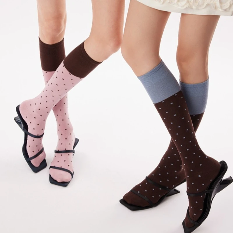 Women's Spring Korean Style Vintage Polka Dots Patchwork Cotton Calf Socks Ins Trendy Sweet Versatile Knee High Stacked Socks