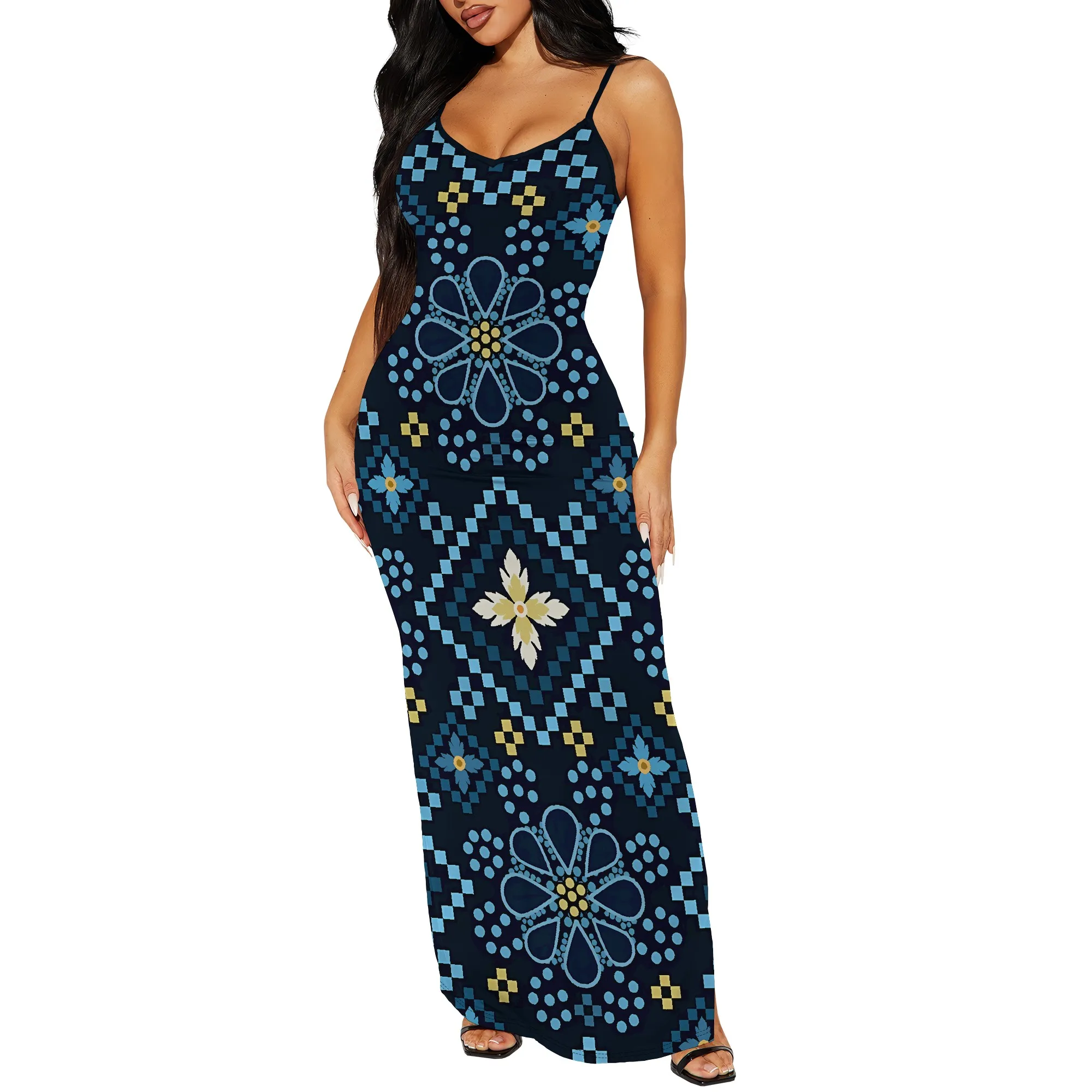 Nupusa Robe à carreaux imprimé floral pour femme Taille régulière Robe longue d'été décontractée à bretelles spaghetti