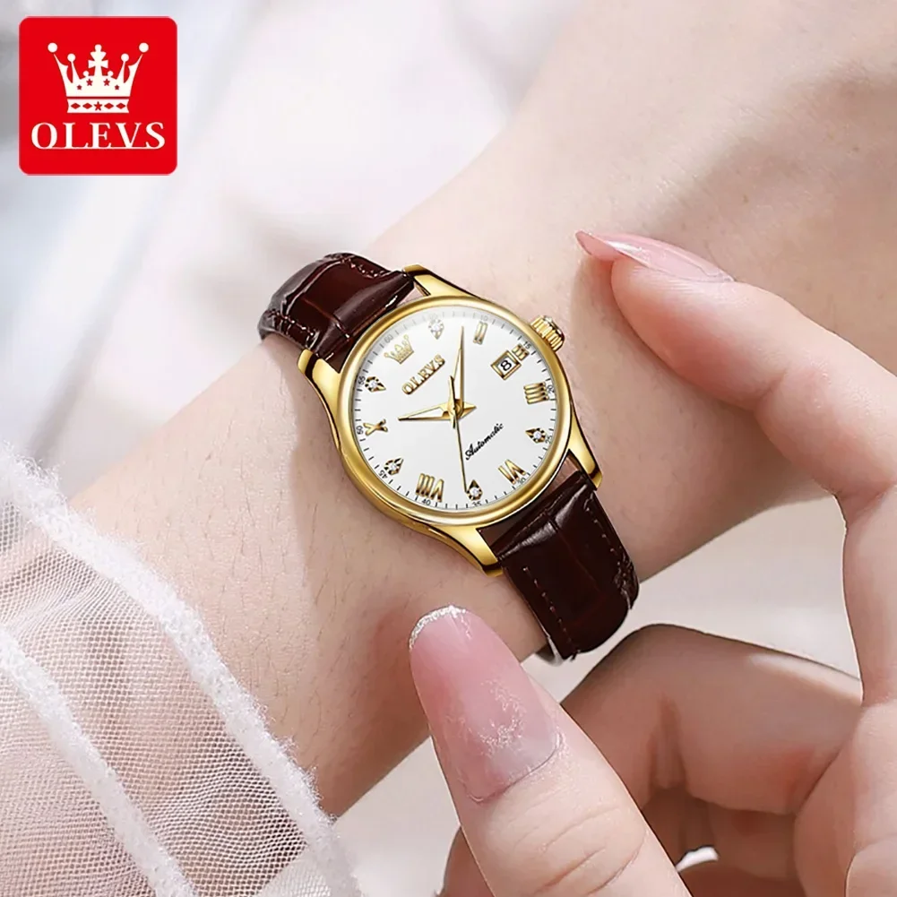 OLEVS 9932 Automatic Mechanical Watches Leather Strap Wristwatch Luxury Business Calendar Luminous Waterproof Watches For Women