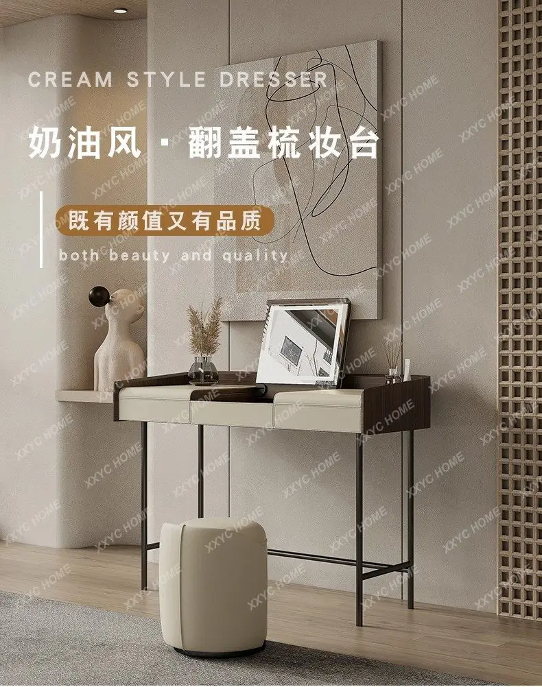 

YYM Minimalist Solid Wood Dresser Bedroom Flip Cover Light Luxury Cream Style Premium Dressing Table Desk