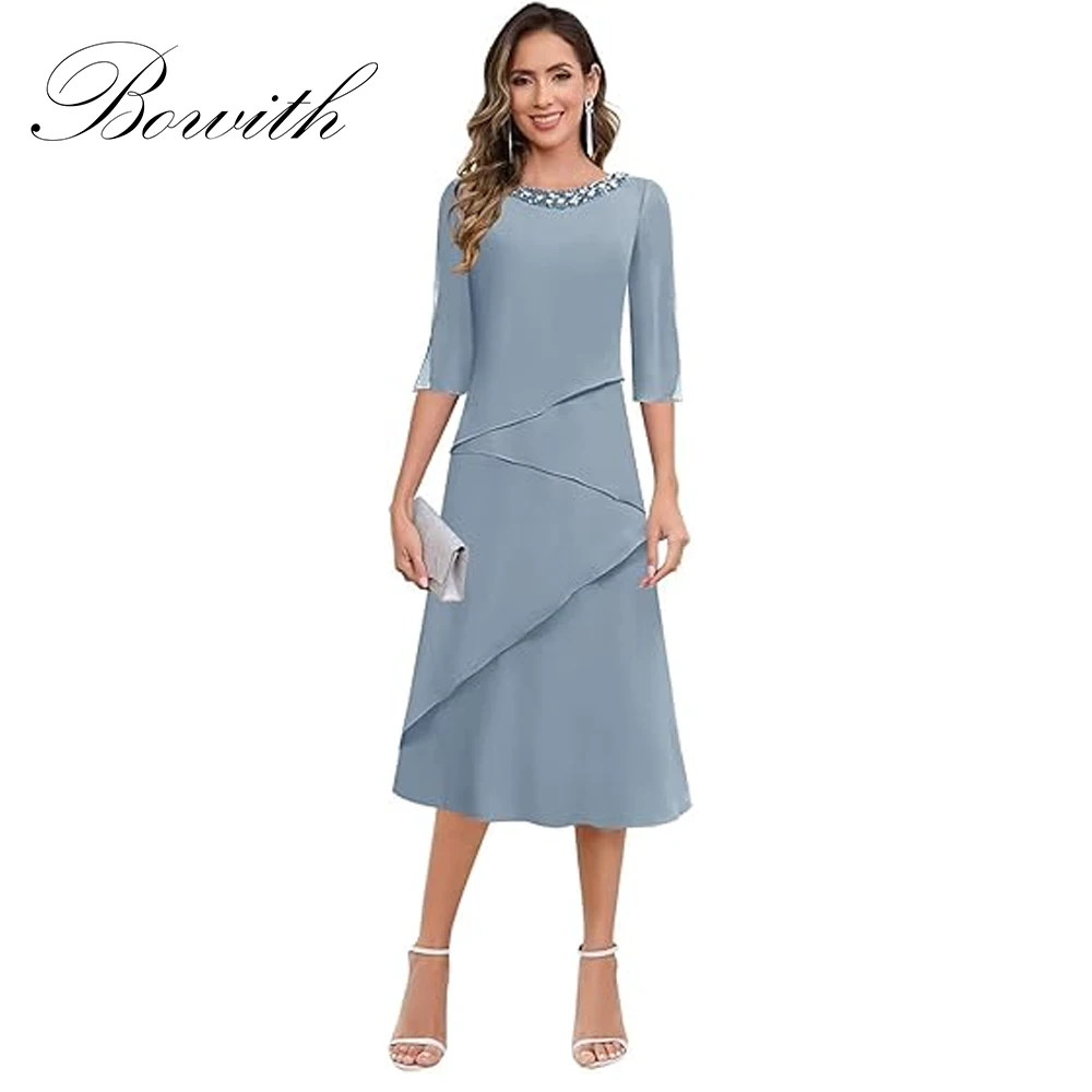

Bowith Tea Length Beaded Mother of The Bride Dresses for Women Short Sleeves Ruffle Customized Chiffon Formal Dress