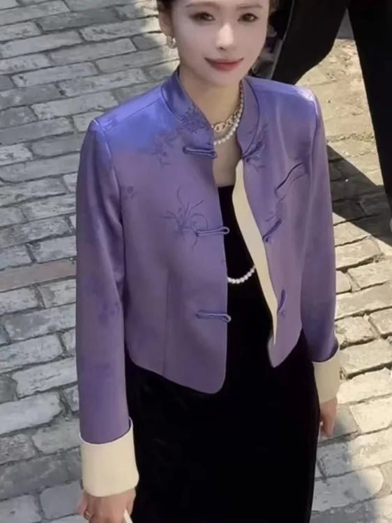 

Молодежная модная женская куртка с воротником, фиолетовая, с вышивкой, осенне-зимняя, новая, в китайском национальном стиле, полиэстер