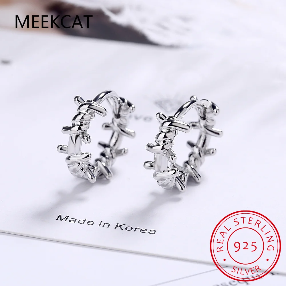 Real 925 Sterling Silver Hoop Earring Barbed Wire Ear Cuff Clip On S925 Earrings Wedding Party Gift For Women Girl Teen Jewelry