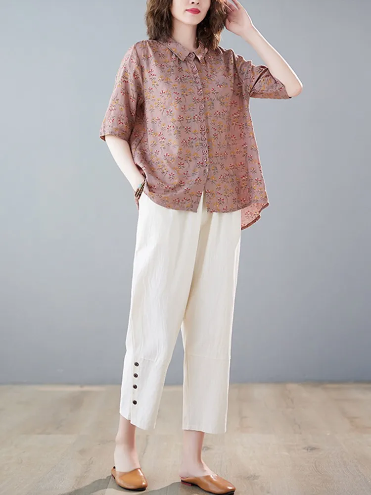 2 Piece Sets Women Casual Pant Suits New Arrival 2023 Summer Vintage Style Loose Female Print Shirt And Ankle-length Pants B2588