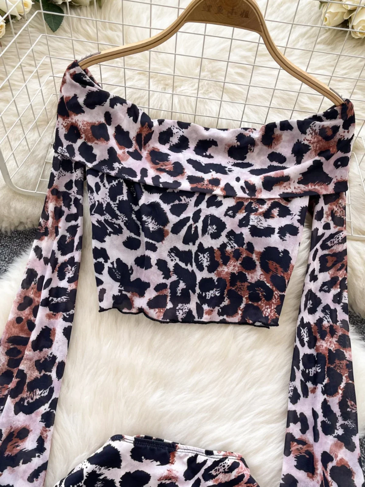 Foamlina American Sexy Leopard Print Skirt Suit Women's Fall Navel One-word Shoulder Top + Drawstring High Waist Mini Skirt