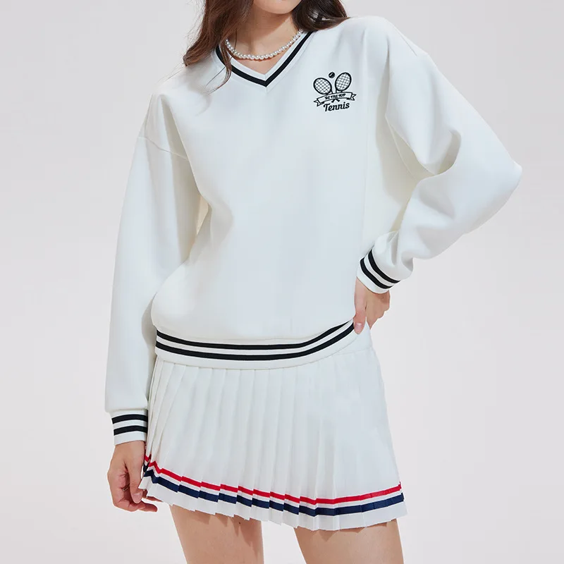 

Autumn and winter leisure sports suit fitness set tennis suit women's loose sweater + tennis skirt outdoor 2-piece golf clothes