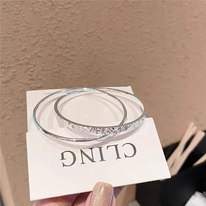 

S999 Double Ring Crush Silver Women Solid Closed Plain Band Bracelet Girlfriend