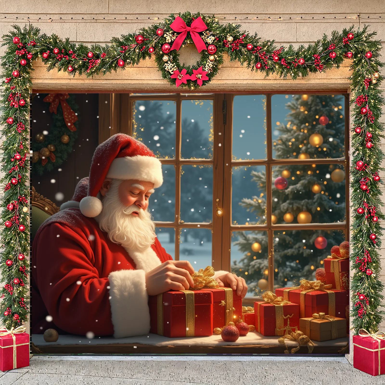 Weihnachtsfeier-Hintergrund, Weihnachtsmann, Fotobanner mit Schneefenster, Mond, Weihnachtsbaum und Geschenke für die Fotografie, Neujahr