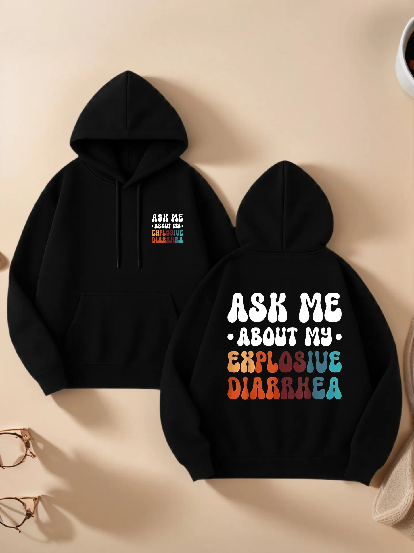 

Explosive Diarrhea Letter Print Graphic Hoodie, Casual Aesthetic Style, Soft Fabric, Casual Everyday Wear, For Teens