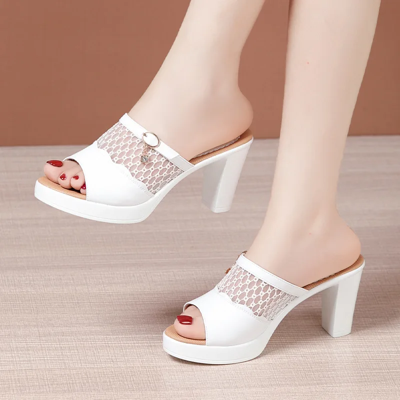 High quality summer leather sandals for women 8cm 10cm high heel 2024 size 32 33 43 platform open toe elegant shoe black white