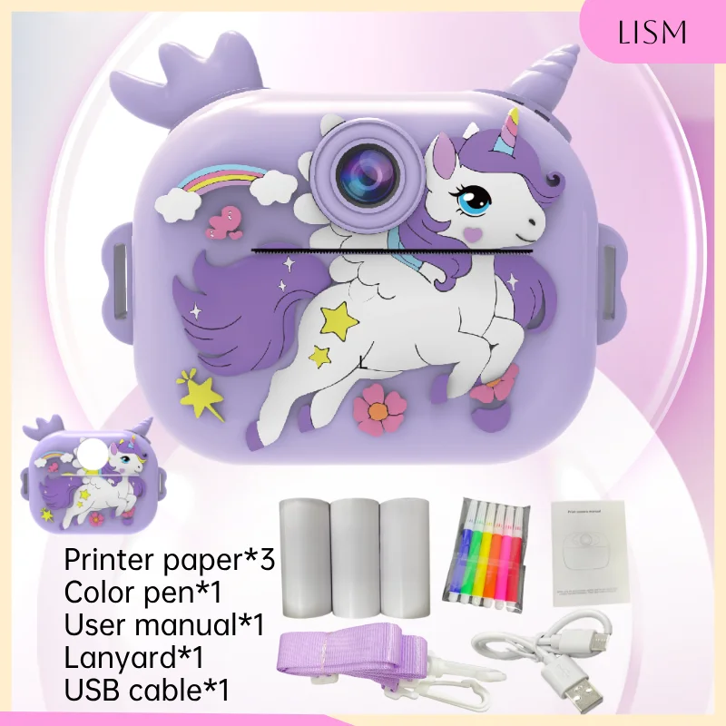 

LISM Printable Camera for Kids Toddler Unicorn Dinosaur Toy Digital Camera Children Birthday Gift Instant Printer Camera