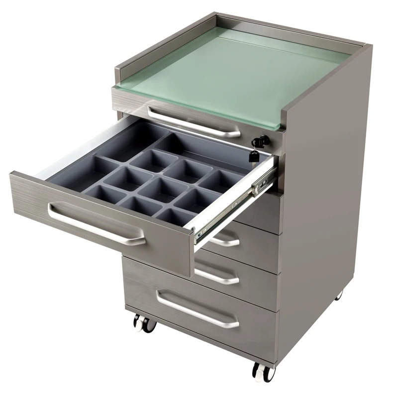 Rust Steel Body Tempered Glass 5 Drawer Dental Clinic Cabinet