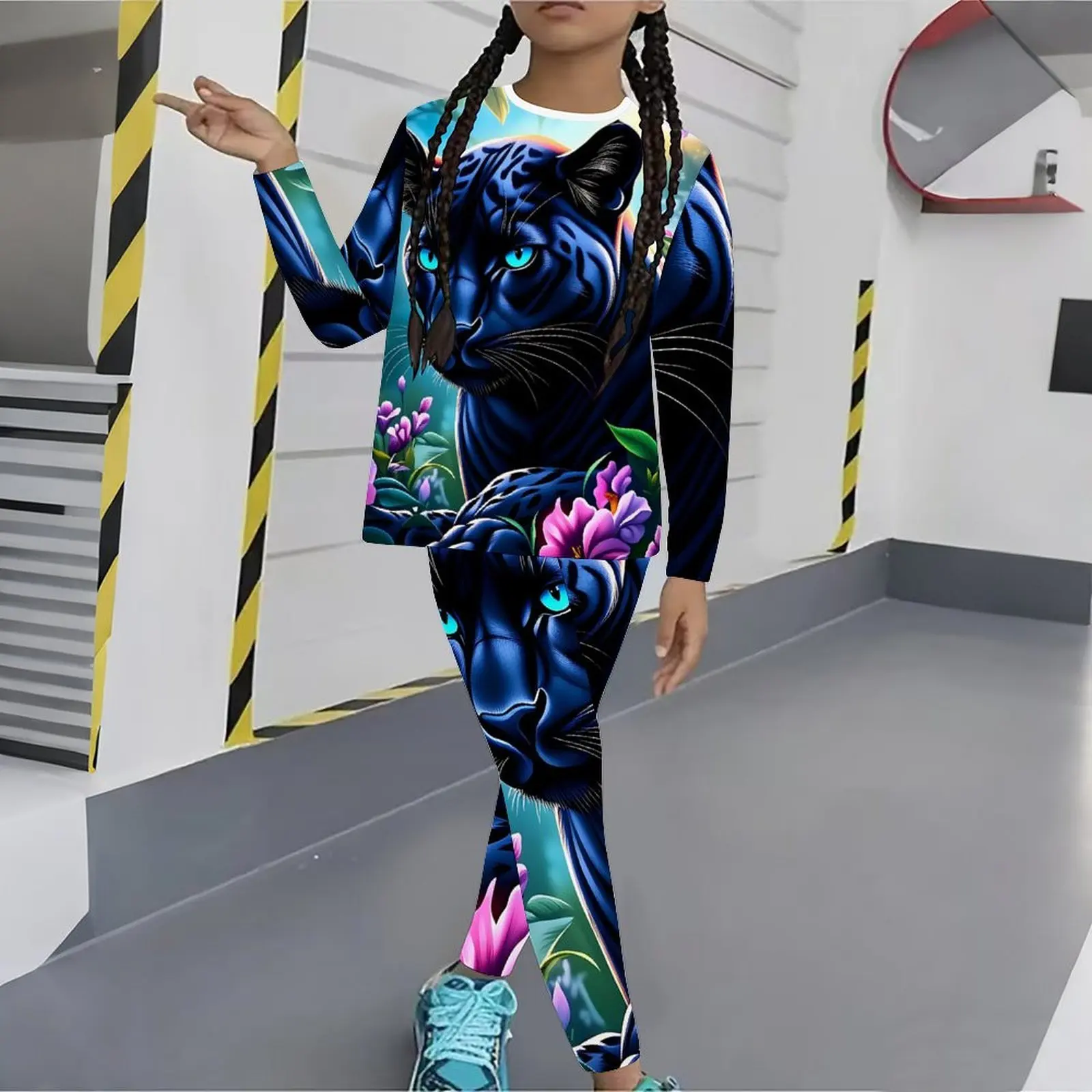 Girls Print Long Sleeve Round Neck Top Cute Two-Piece Casual T-shirt Autumn Leggings Winter Jogging Pants