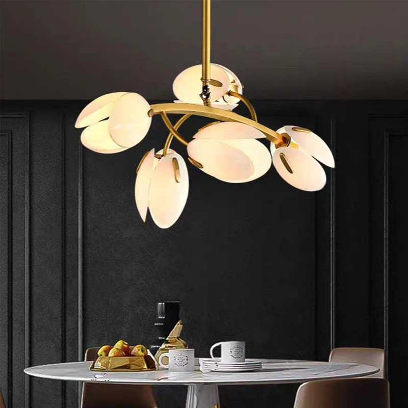 modern Full brass white/pink flower shaped LED glass chandeliers, lustre living room, dining room home ceiling lighting decor.