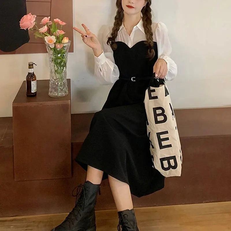 Commute Korean Polo-Neck Dresses Female Clothing Fake Two Pieces Patchwork Basic Spring Autumn Fashion Sashes A-Line Midi Dress