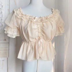 Summer Vintage Elegant Lolita Blouse Women Kawaii Ruffles O-Neck Bow Lace Slim Bandage Top Japanese Puff Sleeves Princess Shirts